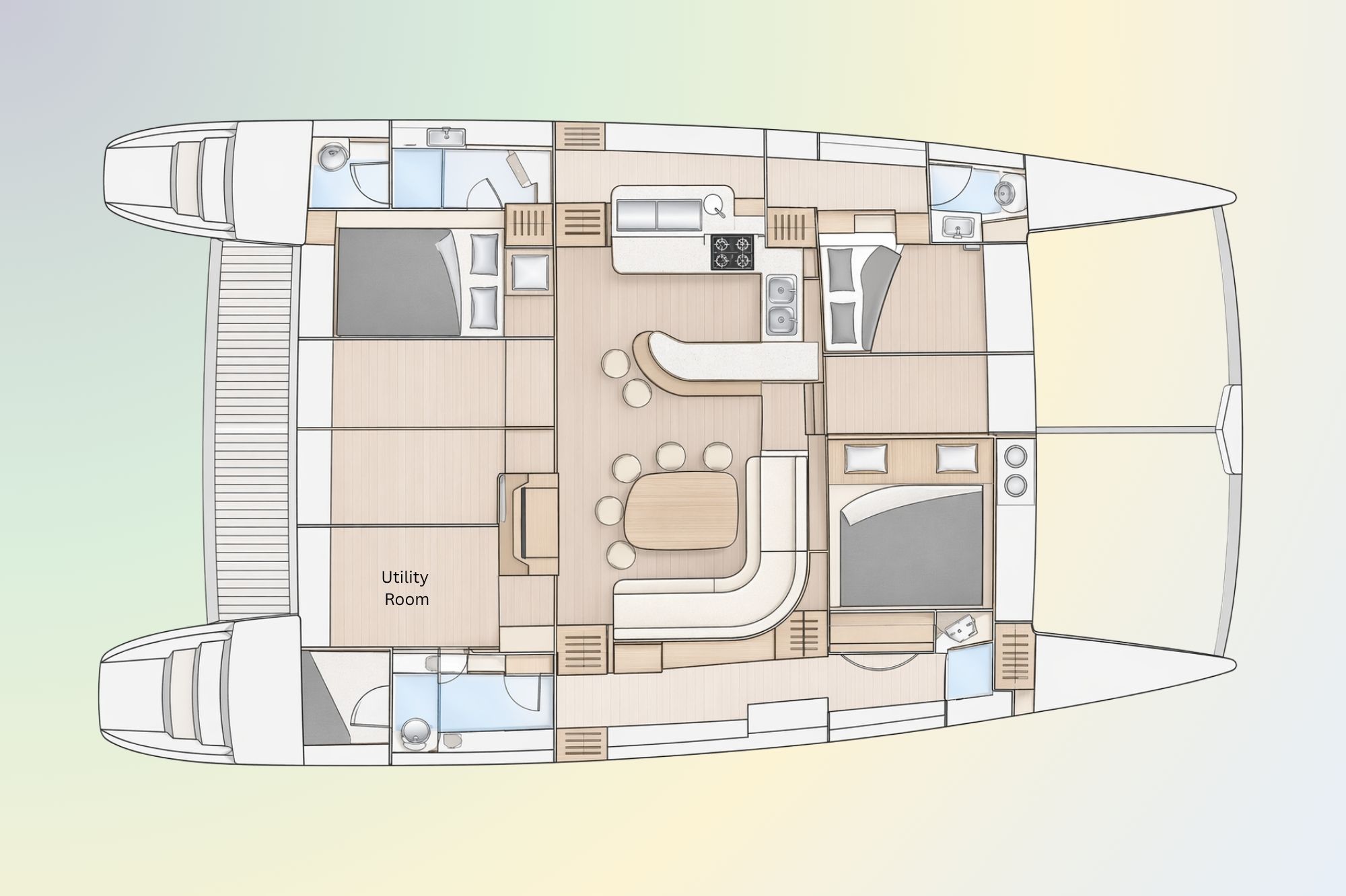 Top-down deck plan of the Voyage 500 S/V Tropicalia — 3-cabin owner's version, with the entire starboard hull as the master suite and two guest cabins in the port hull.